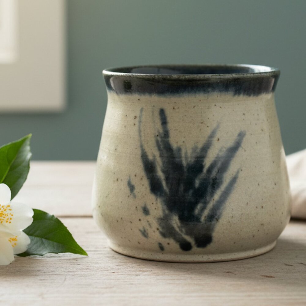 Handmade Studio‎ Pottery Yunomi Mug Cup Blue Brushstroke Glaze Artist Signed